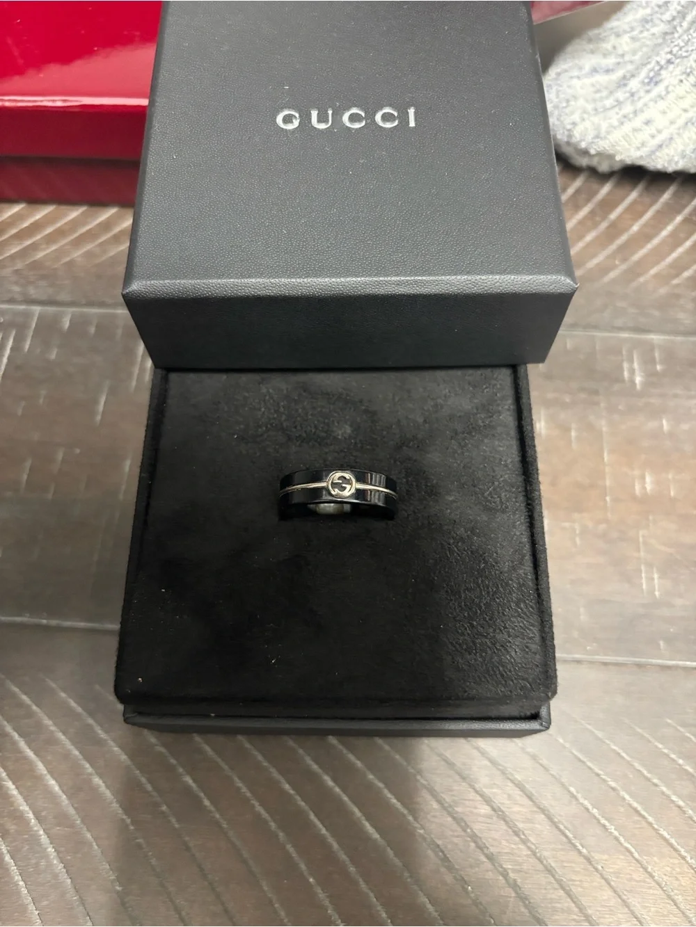 Gucci Black Ceramic Ring with Gold Double G Accent